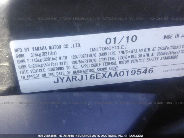 JYARJ16EXAA019546 - 2010 YAMAHA YZFR6 BLACK photo 10