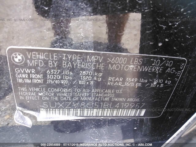 5UXZV8C51BL419957 - 2011 BMW X5 XDRIVE50I BLACK photo 9