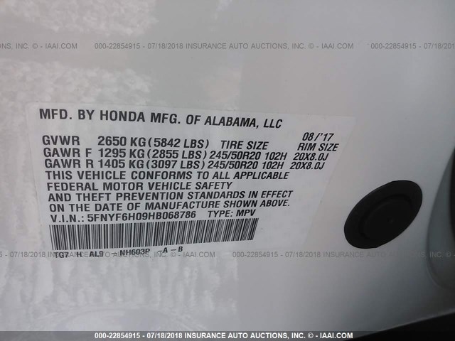 5FNYF6H09HB068786 - 2017 HONDA PILOT ELITE WHITE photo 9