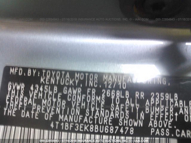 4T1BF3EK8BU687478 - 2011 TOYOTA CAMRY SE/LE/XLE მწვანე ფოტო 9