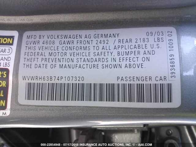 WVWRH63B74P107320 - 2004 VOLKSWAGEN PASSAT GLX GRAY photo 9