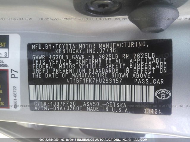 4T1BF1FK7HU293157 - 2017 TOYOTA CAMRY LE/XLE/SE/XSE 银色 照片 9