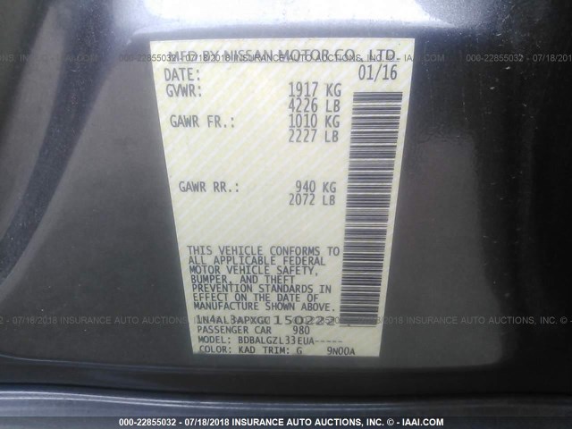 1N4AL3APXGC150222 - 2016 NISSAN ALTIMA 2.5/S/SV/SL/SR GRAY photo 9