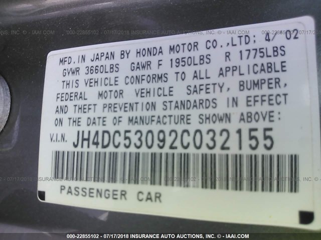JH4DC53092C032155 - 2002 ACURA RSX TYPE-S SILVER photo 9