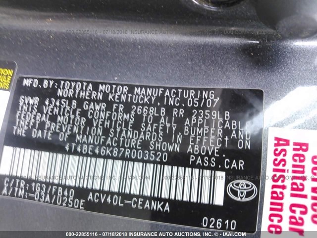 4T4BE46K87R003520 - 2007 TOYOTA CAMRY NEW GENERAT CE/LE/XLE/SE GRAY photo 9