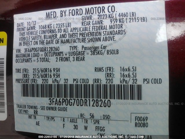 3FA6P0G70DR128260 - 2013 FORD FUSION S RED photo 9