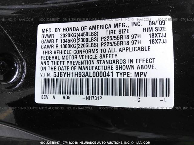 5J6YH1H93AL000041 - 2010 HONDA ELEMENT SC BLACK photo 9