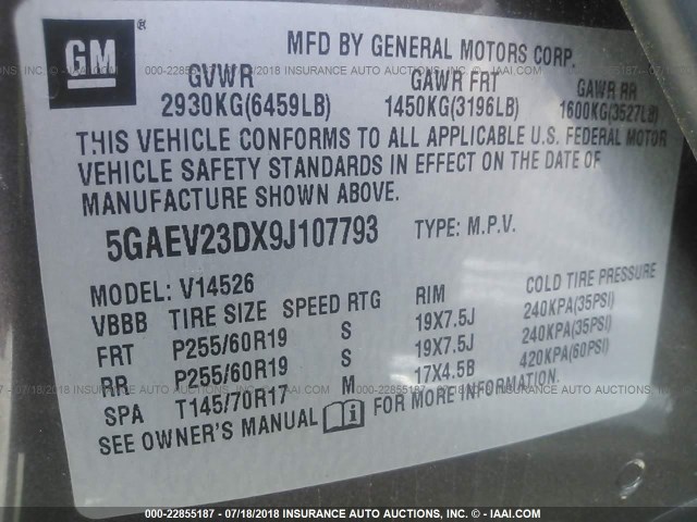 5GAEV23DX9J107793 - 2009 BUICK ENCLAVE CXL Marron photo 9
