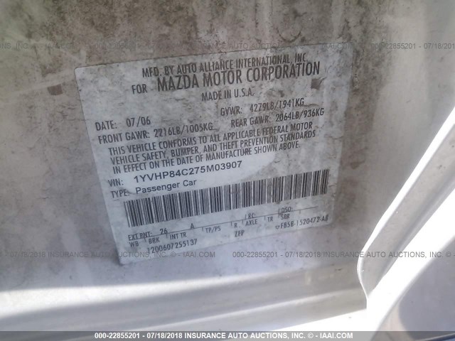 1YVHP84C275M03907 - 2007 MAZDA 6 I Srebrny zdjęcie 9