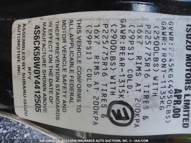 4S6CK58W0Y4412505 - 2000 HONDA PASSPORT EX/LX 黑色 照片 9