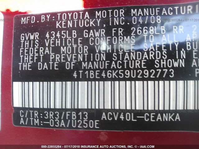 4T1BE46K59U292773 - 2009 TOYOTA CAMRY SE/LE/XLE RED photo 9