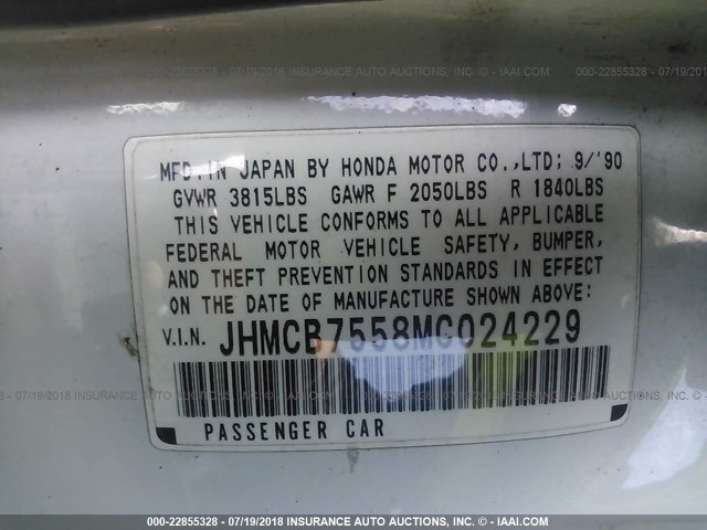 JHMCB7558MC024229 - 1991 HONDA ACCORD LX/EX WHITE photo 9