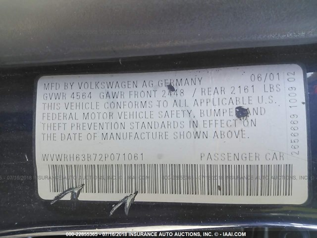 WVWRH63B72P071061 - 2002 VOLKSWAGEN PASSAT GLX BLUE photo 9