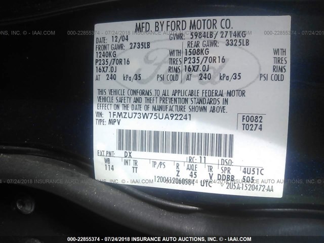 1FMZU73W75UA92241 - 2005 FORD EXPLORER XLT/XLT SPORT/NBX 蓝色 照片 9