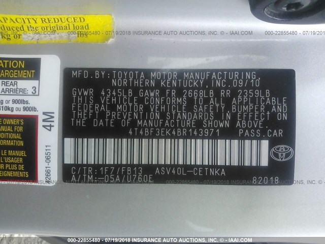 4T4BF3EK4BR143971 - 2011 TOYOTA CAMRY SE/LE/XLE ვერცხლისფერი ფოტო 9