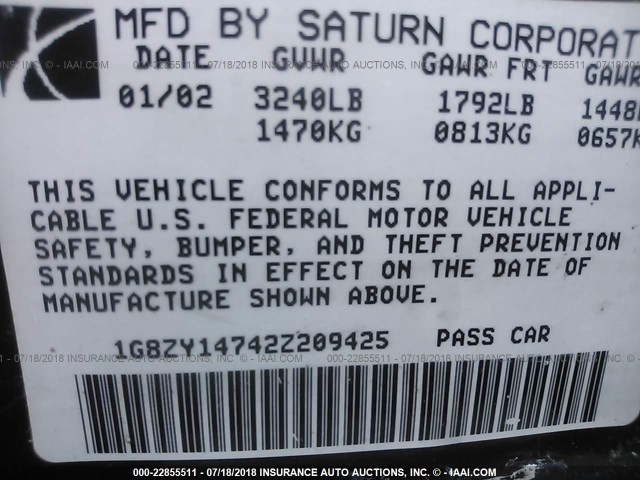 1G8ZY14742Z209425 - 2002 SATURN SC2 WHITE photo 9