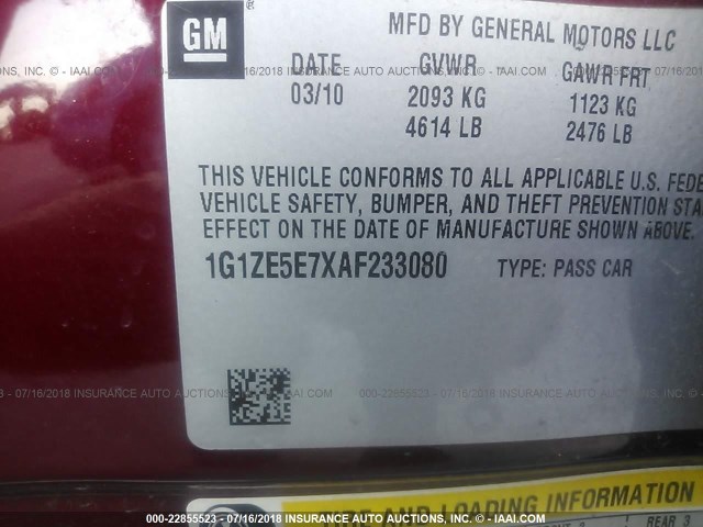 1G1ZE5E7XAF233080 - 2010 CHEVROLET MALIBU LTZ 红色 照片 9