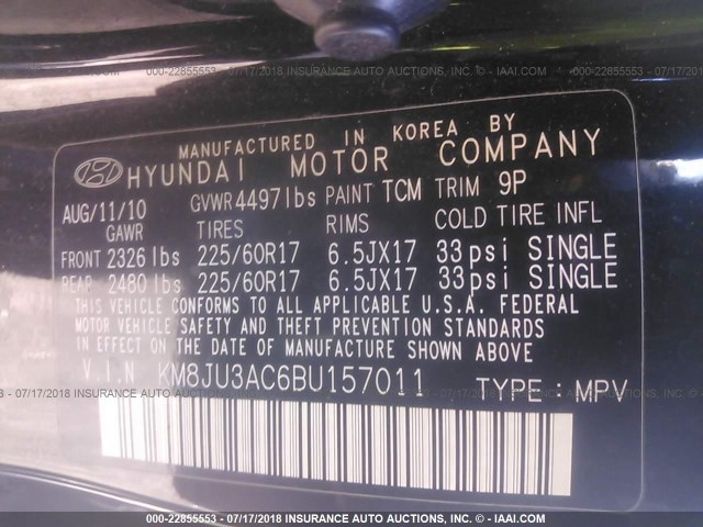 KM8JU3AC6BU157011 - 2011 HYUNDAI TUCSON GLS/LIMITED 黑色 照片 9