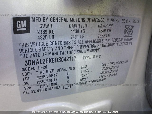 3GNAL2EK8DS642117 - 2013 CHEVROLET CAPTIVA LS 金色 照片 9