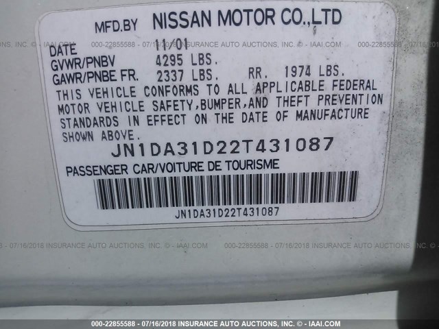 JN1DA31D22T431087 - 2002 NISSAN MAXIMA GLE/GXE/SE WHITE photo 8