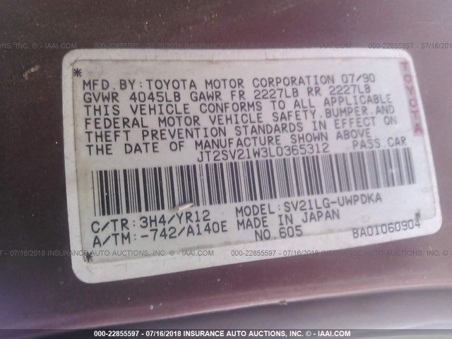 JT2SV21W3L0365312 - 1990 TOYOTA CAMRY DLX 栗色 照片 9