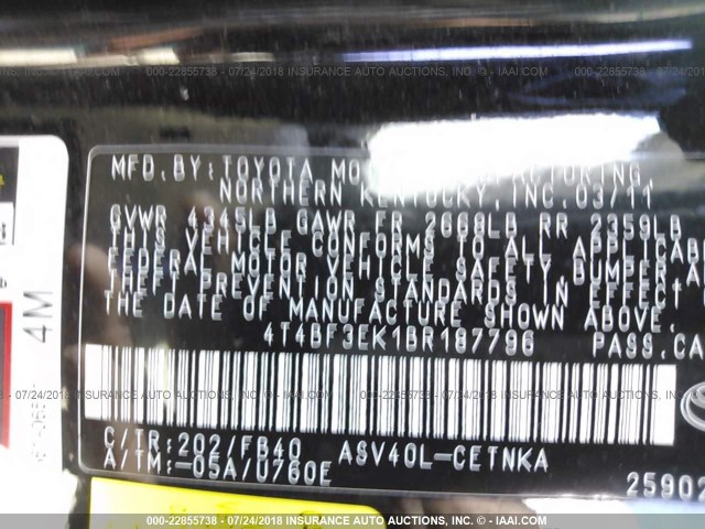 4T4BF3EK1BR187796 - 2011 TOYOTA CAMRY SE/LE/XLE შავი ფოტო 9