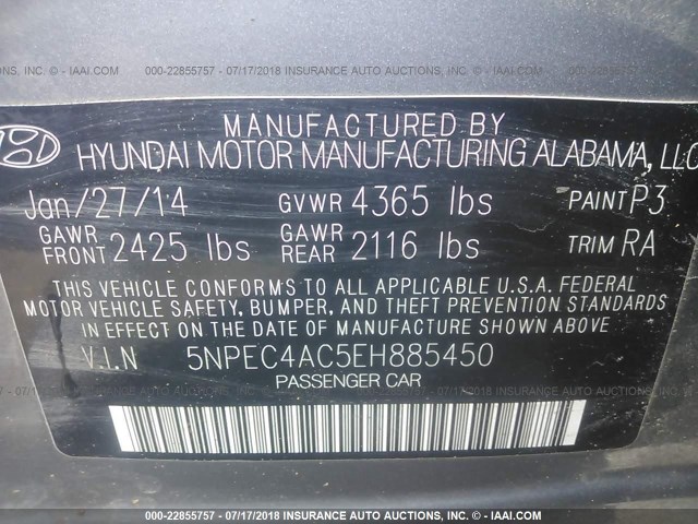 5NPEC4AC5EH885450 - 2014 HYUNDAI SONATA SE/LIMITED GRAY photo 9