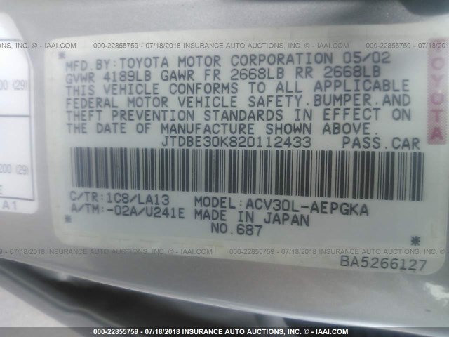 JTDBE30K820112433 - 2002 TOYOTA CAMRY LE/XLE/SE 银色 照片 9