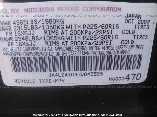 JA4LZ41G43U045505 - 2003 MITSUBISHI OUTLANDER XLS BLACK photo 9