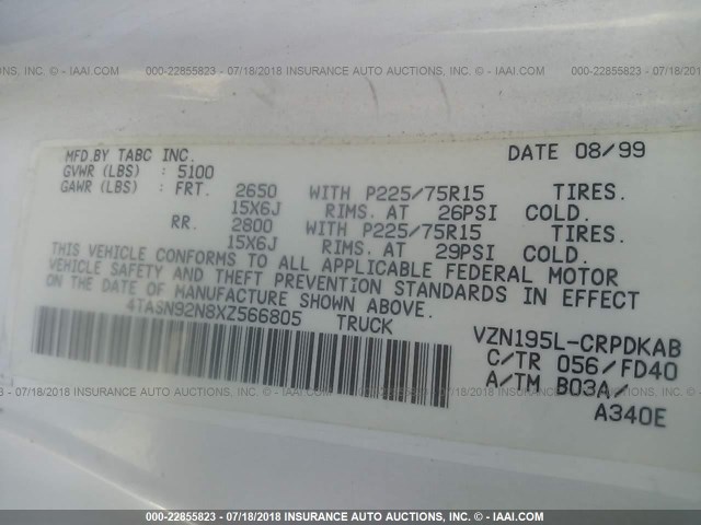 4TASN92N8XZ566805 - 1999 TOYOTA TACOMA XTRACAB PRERUNNER თეთრი ფოტო 9