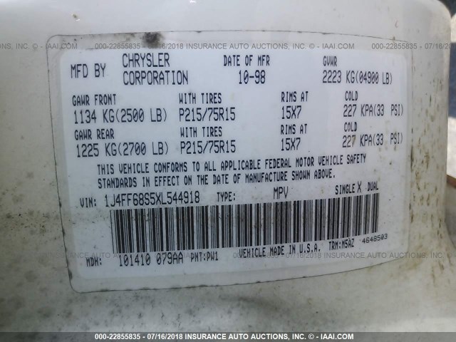 1J4FF68S5XL544918 - 1999 JEEP CHEROKEE SPORT/CLASSIC თეთრი ფოტო 9