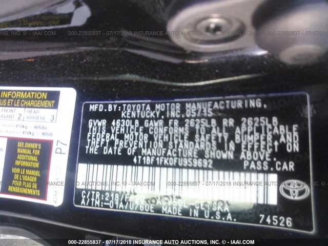 4T1BF1FK0FU959692 - 2015 TOYOTA CAMRY LE/XLE/SE/XSE BLUE photo 9