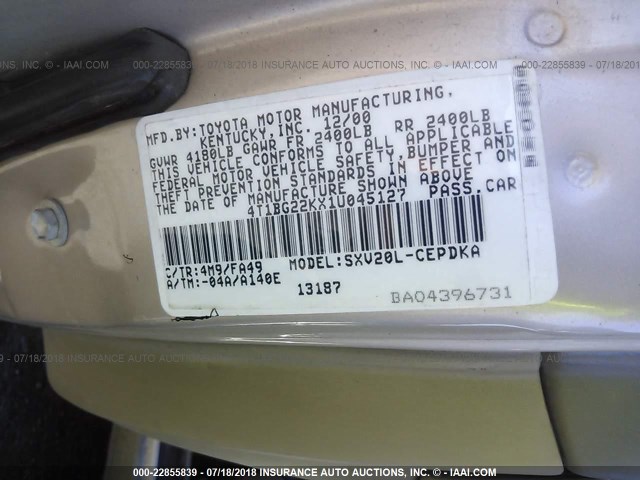 4T1BG22KX1U045127 - 2001 TOYOTA CAMRY CE/LE/XLE 银色 照片 9