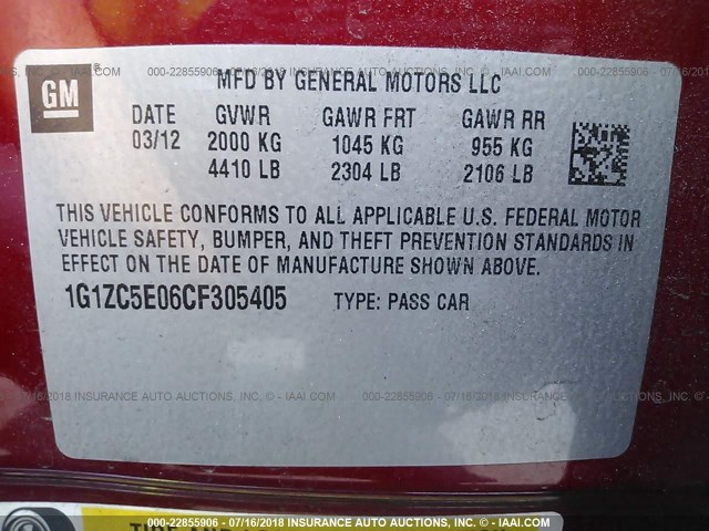 1G1ZC5E06CF305405 - 2012 CHEVROLET MALIBU 1LT წითელი ფოტო 9