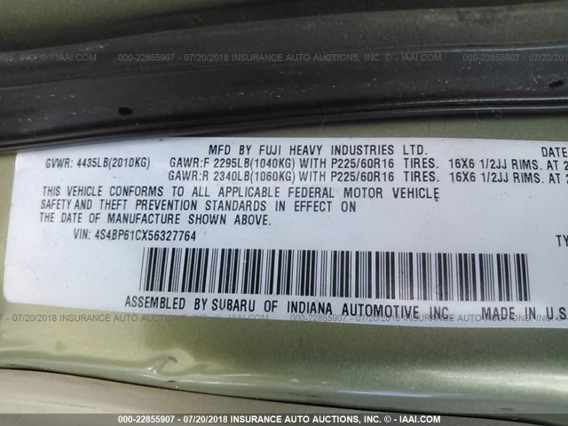 4S4BP61CX56327764 - 2005 SUBARU LEGACY OUTBACK 2.5I GREEN photo 9