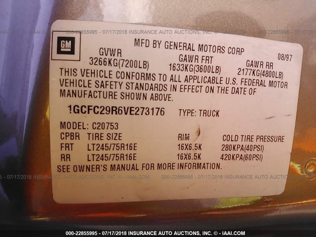 1GCFC29R6VE273176 - 1997 CHEVROLET GMT-400 C2500 TAN photo 9