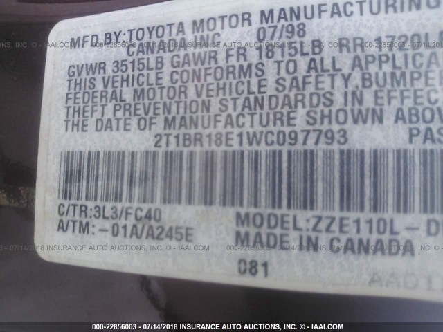 2T1BR18E1WC097793 - 1998 TOYOTA COROLLA VE/CE/LE 栗色 照片 9