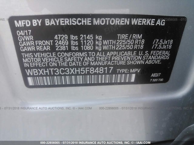 WBXHT3C3XH5F84817 - 2017 BMW X1 XDRIVE28I 灰色 照片 9