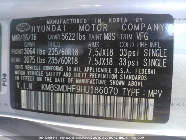 KM8SMDHF9HU186070 - 2017 HYUNDAI SANTA FE SE SILVER photo 9