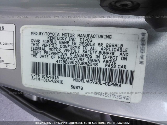 4T1BE32K23U682348 - 2003 TOYOTA CAMRY LE/XLE/SE Gümüş foto 9