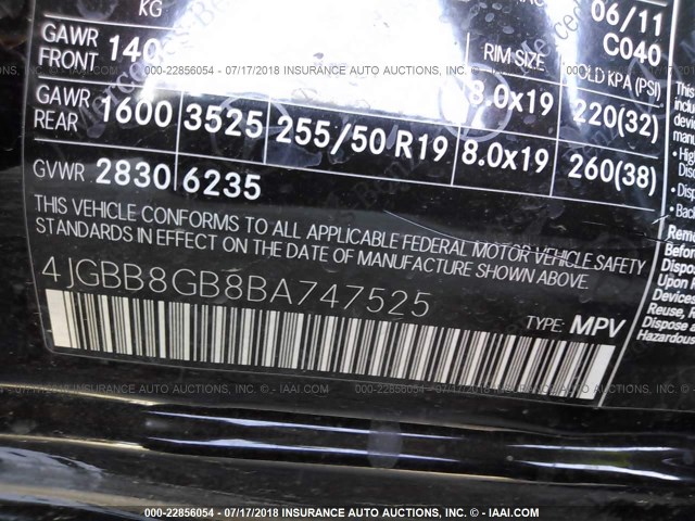 4JGBB8GB8BA747525 - 2011 MERCEDES-BENZ ML 350 4MATIC BLACK photo 9