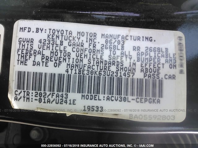 4T1BE30K63U231457 - 2003 TOYOTA CAMRY LE/XLE/SE Qara foto 9