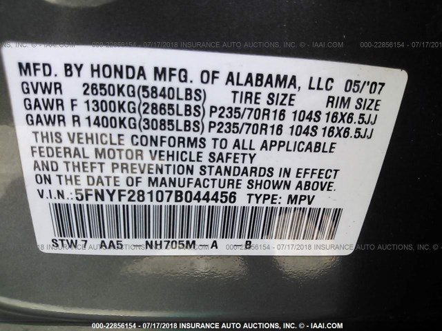 5FNYF28107B044456 - 2007 HONDA PILOT LX GRAY photo 9