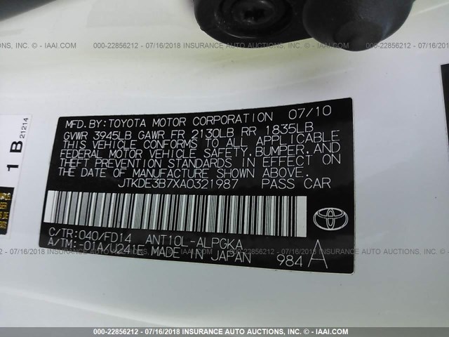 JTKDE3B7XA0321987 - 2010 TOYOTA SCION TC 白色 照片 9