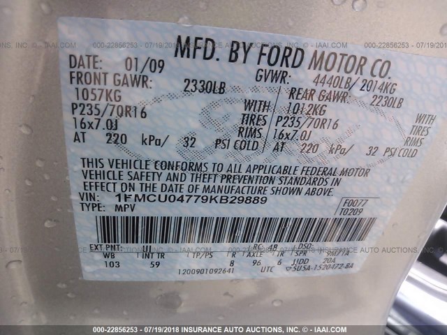 1FMCU04779KB29889 - 2009 FORD ESCAPE LIMITED SILVER photo 9