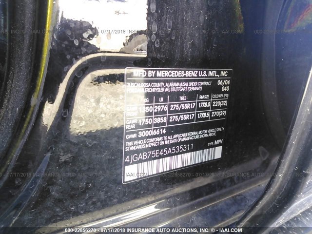 4JGAB75E45A535311 - 2005 MERCEDES-BENZ ML BLACK photo 9