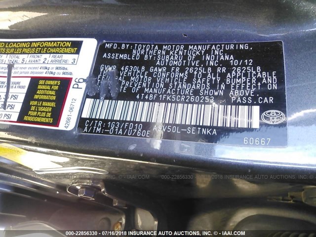 4T4BF1FK5CR260253 - 2012 TOYOTA CAMRY SE/LE/XLE GRAY photo 9