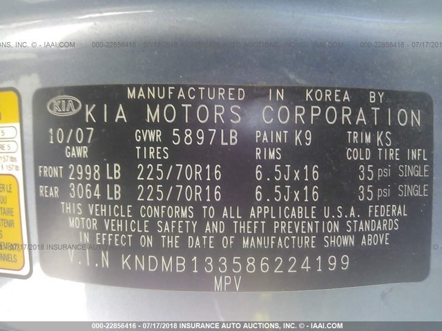 KNDMB133586224199 - 2008 KIA SEDONA BLUE photo 9