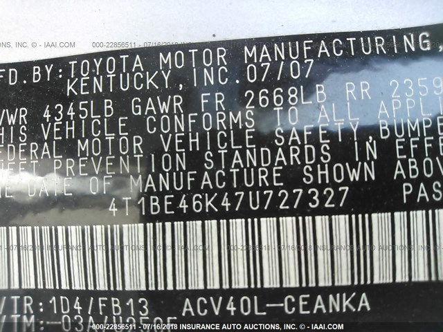 4T1BE46K47U727327 - 2007 TOYOTA CAMRY NEW GENERAT CE/LE/XLE/SE SILVER photo 9
