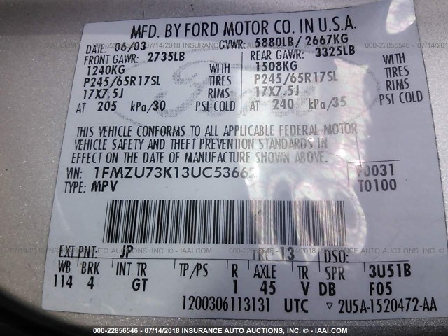 1FMZU73K13UC53662 - 2003 FORD EXPLORER XLT/XLT SPORT/NBX 银色 照片 9